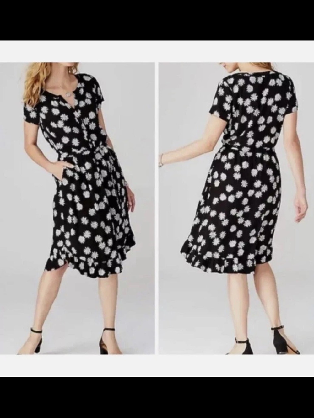 J. Jill Dress Womens Medium Black Daisy Button Shirt Short Sleeve Preppy Garden